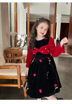 Retail New Teenage Long Sleeve Red Embroidery Veliour Dress , Girls Princes Fashion Elegant Party Clothes 5-12 T