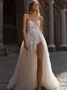 Boho High Side Split vestuvinės suknelės 2023 Nėrinių aplikacijos Sweetheart A-Line nuotakos suknelė Berankovės princesės nuotakos suknelės