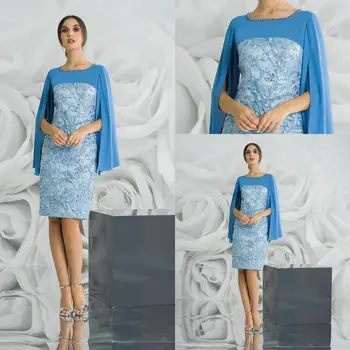 Elegantiška mėlyna nuotakos suknelės motina Brangakmenis Kaklo apvalkalas Kelio ilgis Vestuviniai svečių chalatai Karoliukai ilgomis rankovėmis Oficiali Motina Dres