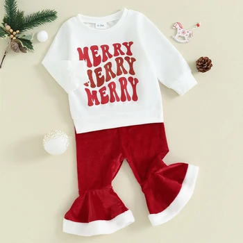 Baby Girl Bell Bottoms Drabužių komplektas Letter Santa Romper džemperis Flare Kelnės Mažylis Kalėdinė Valentino apranga