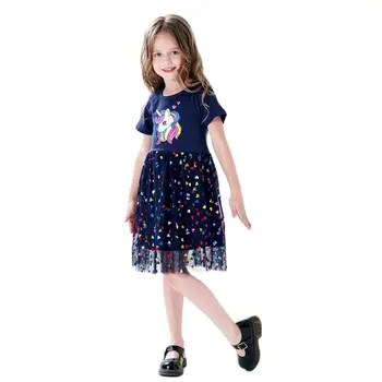 Summer Girls Dress Cotton Lovely Cartoon Unicorn Print Mesh Splicing Princess Birthday Party Dresses Baby Casual Clothes 2022