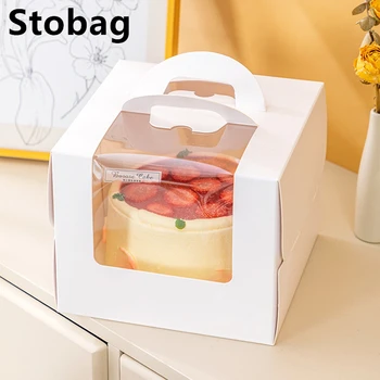 Stobag-White dėžutė su permatoma nešiojama rankena putėsių tortas Kepimo gimtadienio vakarėlis Vestuvių šventė Suvenyrinis desertas Pakuotė 3I