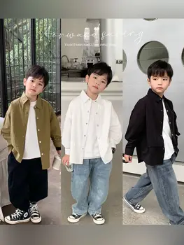 Mada Vaikų ilgomis rankovėmis Pavasaris Ruduo viengubas Nauji berniukai Grynos spalvos marškiniai Baby Korean Style Coat drabužiai Viršutinė striukė