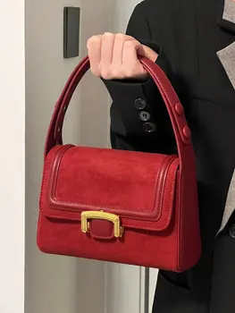 Light Luxury Burgundy Ladies Shoulder Bag Designer Velvet PU Splice Exquisite Lock Buckle Underarm Bag Fashion Versatile Handbag