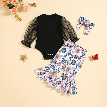 Baby Girls 2vnt Suit Black Mesh Sleeve Ribbed Romper Letter Flower Print Plated Pants Headband Summer Clothing