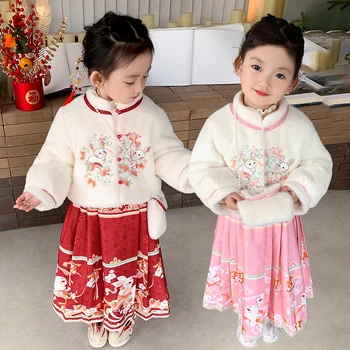 2024 Žiema 2 3 4 5 6 7 8 10 metų Kinų Naujųjų metų nacionalinio stiliaus siuvinėjimas plius aksominis švarkas + sijonas 2 dalių vaikų mergaičių rinkinys