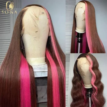 Pink Brown Highlights Perukas Žmogaus plaukai 13X4 nėrinių priekinio peruko juostelės spalvos 13X6 HD skaidrus nėrinių priekinis perukas moterims 30inch
