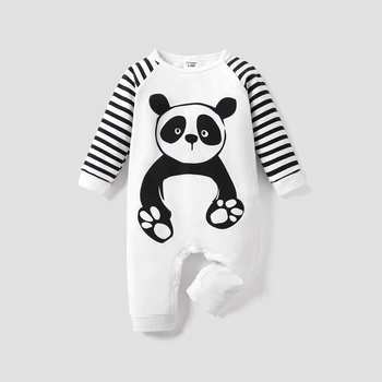 PatPat Panda and Stripe Print Baltas kombinezonas ilgomis rankovėmis
