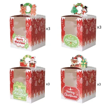 12vnt Kalėdinė sausainių dėžutė Vedybų kalėdinių dovanų pakavimo popierinė dėžutė su rankena Kalėdų senelio tortas Keksiukų dėžutė Šventiniai Naujieji metai