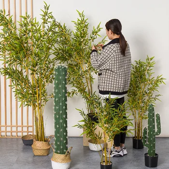 Imituotas bambuko apželdinimas, vidaus apdaila, netikras bambukas, žalieji augalai, bonsai, bambuko sienos ir vazoniniai augalai
