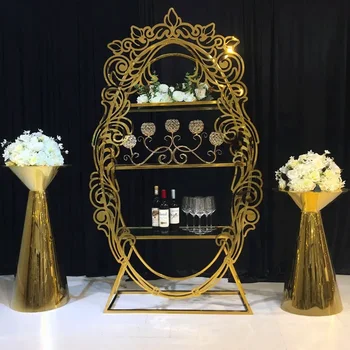 auksinis metalinis rėmas vyno lentyna vestuvių dekoravimui unikalus nerūdijančio plieno vyno butelių stovas baro stovas