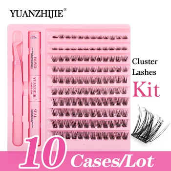 YUANZHIJIE 10cases/lot 8/10/12/14/16mm Clusters Natural Individual Lashes Extension Kit with 72h Long Term Bond and Seal