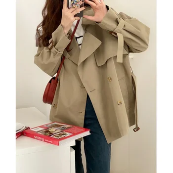 England Style Short Trench with Belt Women Fashion Lapel Double Breasted Blazers Spring Autumn Solid Colors Lapel Chic Thin Coat