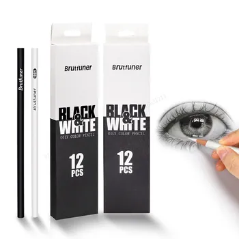 12-2vnt Juodai baltos spalvos pieštukai - permanentiniai spalvoti pieštukai Aliejiniai mediniai spalvoti pieštukai menininkui ir pradedančiajam menui