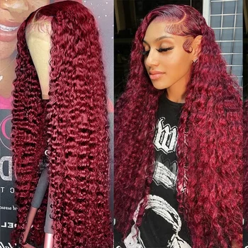 250% 99J Burgundija 13x4 13x6 nėriniai priekiniai žmogaus plaukų perukai gilios bangos raudonos spalvos Brazilijos perukas moterims garbanoti žmogaus plaukai
