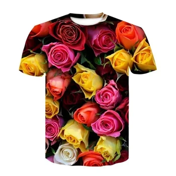 2024 Gaivūs vasariški vyriški drabužiai Valentino dienos rožių rašto marškinėliai 3d marginti apvaliu kaklu sportinis laisvalaikio viršus trumpomis rankovėmis
