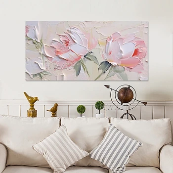 Rožinės baltos gėlės Aliejinė tapyba Šiuolaikinė rankomis dažyta abstrakčioji dailė Drobė Tapyba Sienų dailė Paveikslėlis svetainės meno kūriniams