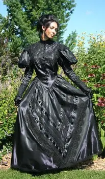 1901s Viktorijos laikų gotikinis steampunk juodas kamuolinis chalatas Gotikinė vintažinė Viktorijos laikų Edvardijos pietų Belle suknelė pagal užsakymą