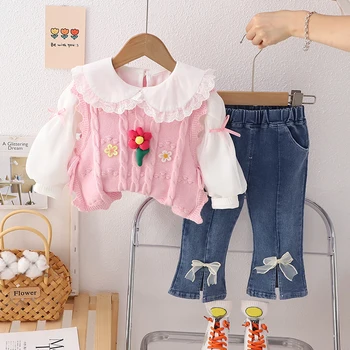 Vaikiški drabužių komplektai mergaitėms Marškinėliai Gėlėta liemenė Peteliškės džinsai Pavasaris Ruduo Mažylis Drabužiai kūdikiams Kūdikių apranga Vaikiškas sportinis kostiumas