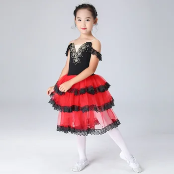 Juoda raudona Tiulio baleto kostiumas Moterys Ispaniška suknelė Suaugusioms mergaitėms Vaiko šokiai Ilgi romantiški baleto spektaklio kostiumai