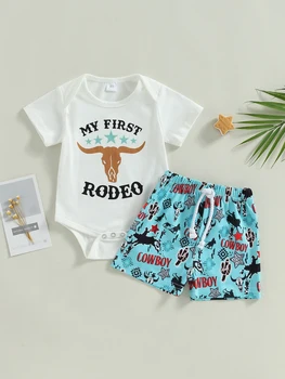 Baby Boys Vasarinių drabužių rinkiniai Karvės galvos laiškų spausdinimas Įgulos kaklas Romperis trumpomis rankovėmis ir elastingas juosmens šortų kostiumas