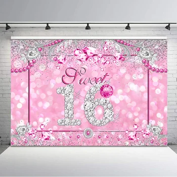 MOCSICKA Blykstė Saldi Šešiolikos gimtadienių fotografijos fonas Rožinė deimantinė mergina 16-ojo gimtadienio vakarėlio dekoracijos Reklamjuostės fonas