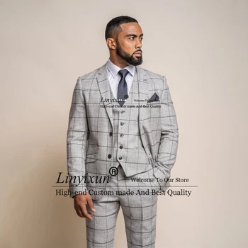 Mens Ghost Grey Tweed Check Suit 3 Piece Bespoke Premium Formal Wedding Groom Tuxedos Business Male Blazers Slim Costume Homme