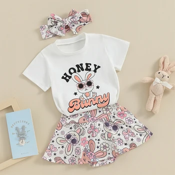 Velykų apranga Baby Girl Bunny Letter Printed Marškinėliai Ruffles Bloomers Shorts Baby Kidler Mieli vasaros drabužiai