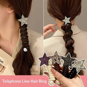 Pearl Phone Line Plaukų žiedas Plaukų kaklaraiščiai Elastinis guminis kalnų krištolas Žvaigždžių plaukų juosta Korėjietiško stiliaus aukštas ponytail laikiklis kasdien