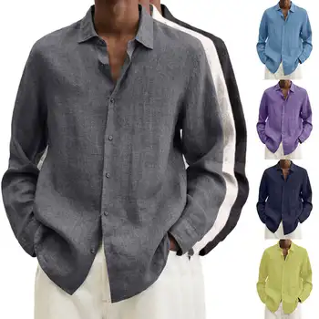2023 Vyriški lininiai marškiniai ilgomis rankovėmis Medvilniniai ploni vasaros audinio atlapai Megztinis Laisva vientisa palaidinė