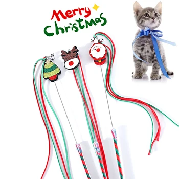 1Pcs Christmas Plush Cat Teaser Sticks Cute Santa Xmas Tree Deer Kutsel Bells Cat Pole Stick Pet Cat Playing Interactive Toys