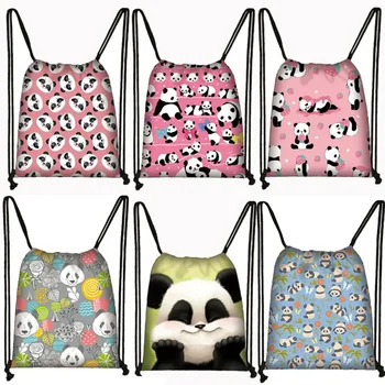Kawaii Panda Drawstring Women Casual Backpack Canvas Storage Travel Bags Girls Daypack Bookbag Ladies Shoes Holder Gift