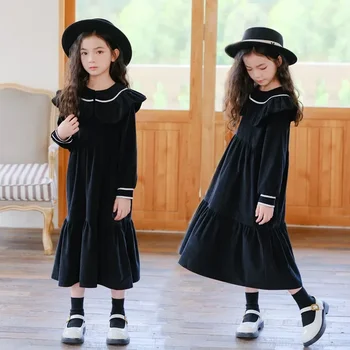 2024 m. ruduo Mergaičių suknelė Korėjietiško stiliaus nauja Peterio Pano apykaklė Vidutinio ilgio velvetinės suknelės Vaikiški saldūs drabužiai ilgomis rankovėmis, #7517