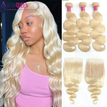 Blonde Body Wave Bundles Žmogaus plaukai su uždarymu Brazilijos plaukų pynimas 3 ryšuliai su uždarymo medumi Blondinės žmogaus plaukų priauginimas