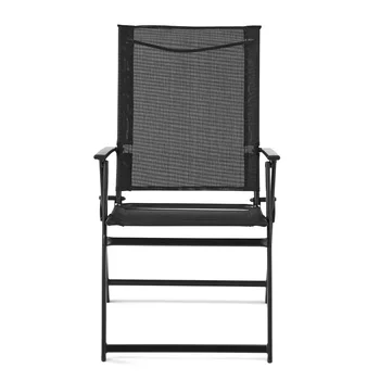 Greyson kvadratinis rinkinys iš 2 lauko terasos plieninių diržų sulankstomos kėdės, juodos