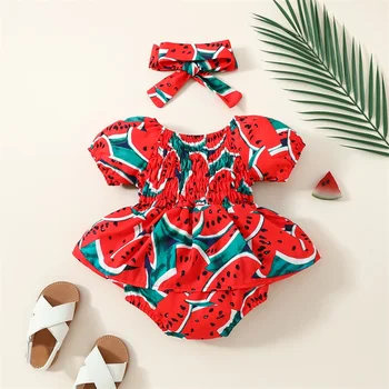 Baby Girl 2 Piece Apranga Arbūzo atspaudas Romper suknelė trumpomis rankovėmis su mielu galvos apdangalo komplektu Vasariniai drabužiai
