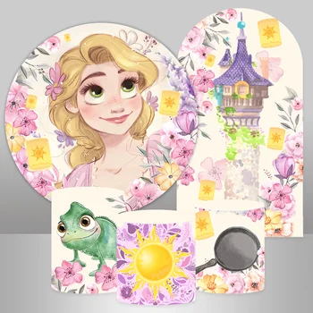 Su gimtadieniu Princesė Apvalus fono viršelis Gėlės Rapunzel Susivėlęs fonas Pilies arka Sienos cilindrų dangteliai