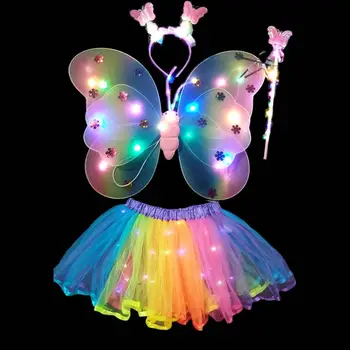 4Pcs/Set Glowing Rainbow Butterflies Wing 20 LED galvos juostos lazdelė Tiulio sijonas Vaikų scenos spektaklis Fėjų sparnų vakarėlių reikmenys