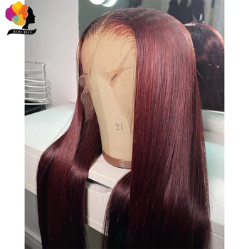 13x4 Tamsus bordo nėrinių priekinis perukas Žmogaus plaukai 99J Raudonos spalvos nėriniai Priekiniai žmogaus plaukų perukai Iš anksto nupešti skaidrūs nėrinių perukai