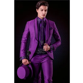 Naujai atvykęs violetinis vyriškas kostiumas vestuvėms 2Pieces(švarkas+kelnės+kaklaraištis) Mados jaunikis Prom Masculino Trajes De Hombre Blazer