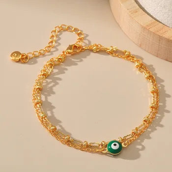 18K Plated Genuine Gold Double Chain moteriška apyrankė su žaliomis lašelinėmis aliejinėmis akimis Madingi papuošalai moteriškiems mados vakarėlių aksesuarams
