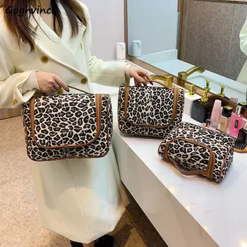 Didelės talpos vintažiniai leopardo kosmetikos krepšiai Moterys Nešiojami kelioniniai tualeto reikmenys Laikymo Skalbimo krepšys Ins Moteriški makiažo dėklai Ulzzang