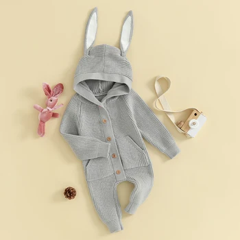 Baby Girl Boy Bunny kombinezonas Long Rabbit Ear Hoodie Megztas megztinis Romper naujagimis Velykų apranga Drabužiai