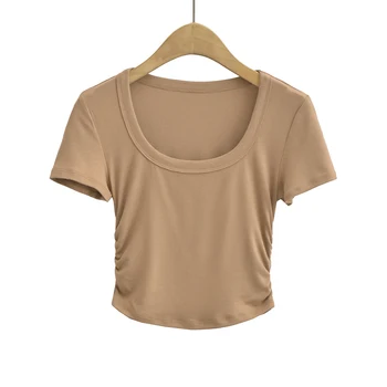 2023 Vasariniai seksualūs marškinėliai moterims trumpomis rankovėmis marškinėliai laisvalaikio marškinėliai o kaklas rožinis viršus mieli drabužiai juodas apkarpymas viršuje ruched korėjiečių