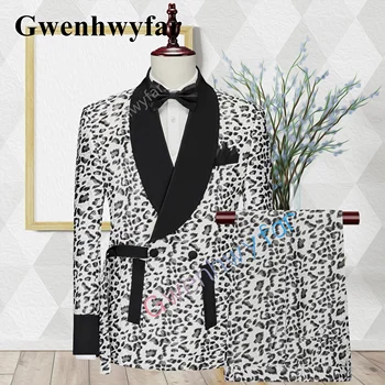 Gwenhwyfar Fashion Wedding Black White Pattern Suit Lapel Drabužiai Vyriški traukia dėmesį Smokingas Jaunikis Prom Blazer 2 vnt