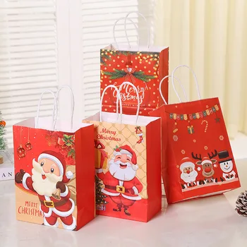 4vnt Kalėdinis dovanų maišelis su rankenomis Kraft popieriniai maišeliai Kalėdų senis Sniego senis Spausdinti Kalėdų vakarėlio dovanų dėžutė Naujųjų metų pakavimo krepšys