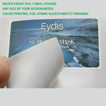 Baltos arba skaidrios PVC / PP / PET / VINILO Vandeniui atsparios / UV spinduliams atsparios etiketės, pritaikytas lipdukas stikliniam / plastikiniam buteliui