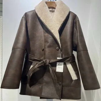 Moterų ruduo ir žiema 2023 m. Mada Storas šiltas kailis Dirbtinis odinis Windbreaker paltas Retro paltas ilgomis rankovėmis Prašmatnus paltas.