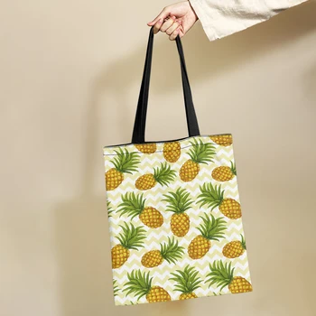 Yikeluo Tropinių vaisių ananasų dryžuotas spausdinimas Ponios Didelės talpos daugkartinio naudojimo pirkinių krepšys Vaisių drobė Rankinė Tote krepšys
