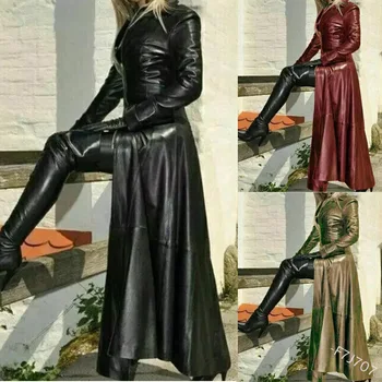 Vintažinė PU striukė 2020 m. žieminis X ilgio moteriškas dirbtinis odinis paltas Moterys Mada Solid Stand-up apykaklė Užtrauktukas Retro paltas Moteris